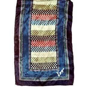 Vtg KENZO 18 Karat OBLONG SILK SCARF 10" x 58" Geometric Tailored Blue Green Tan